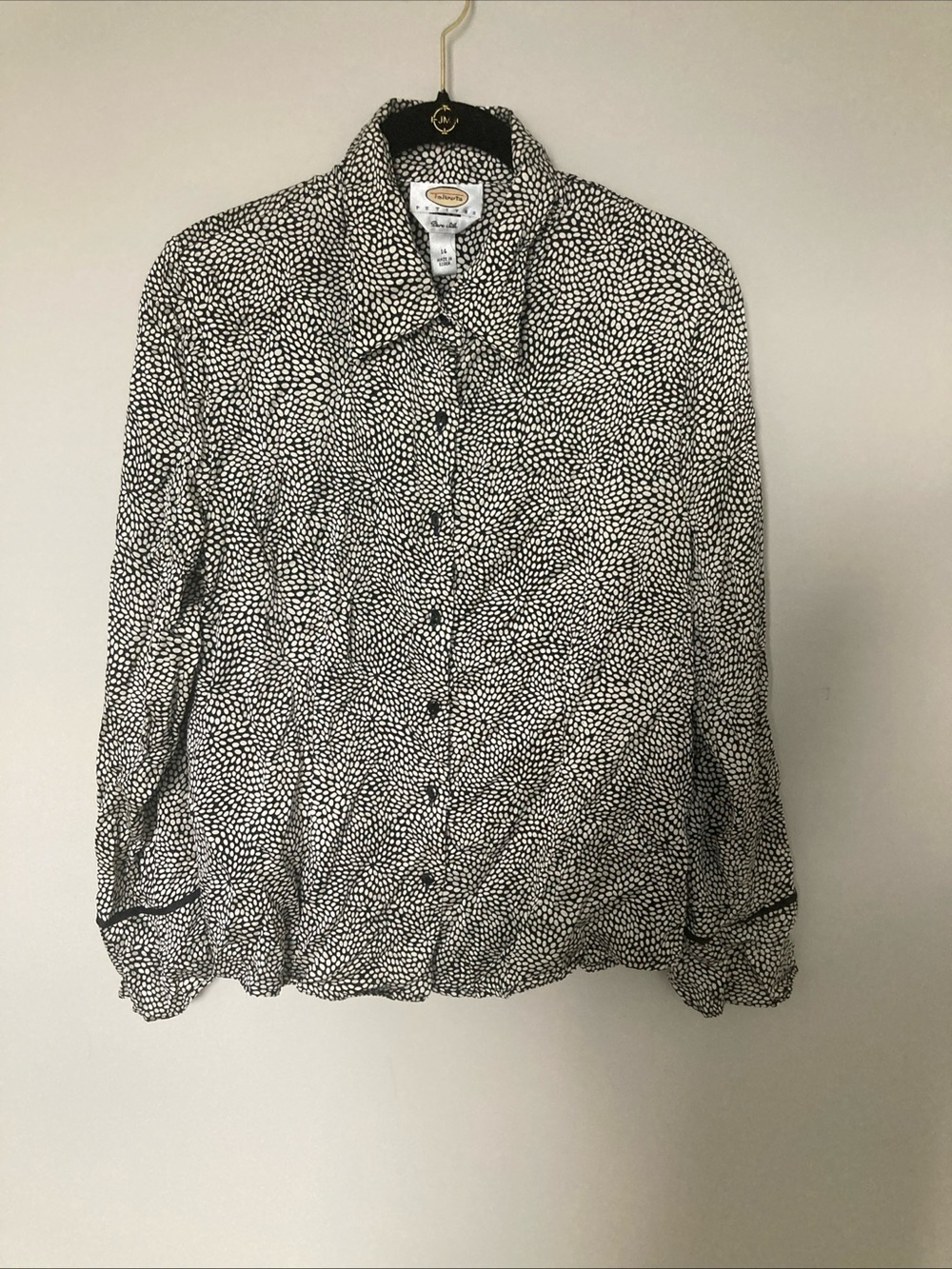Talbots Blouse Petite Size 14 Black Ivory 100% Silk Liquid Charmeuse Lux